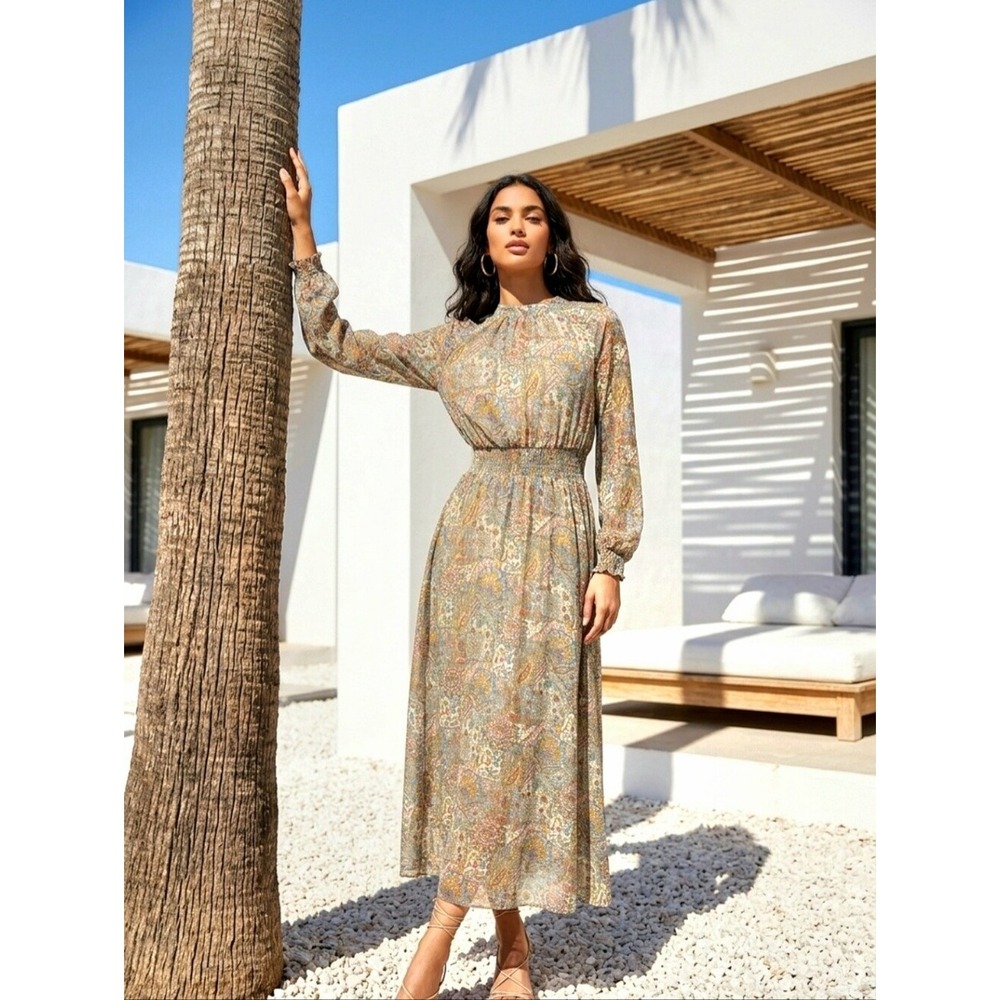 Lark + Grey Paisley Floral Smocked Waist Maxi Dress‎ Long Sleeve S cottagecore